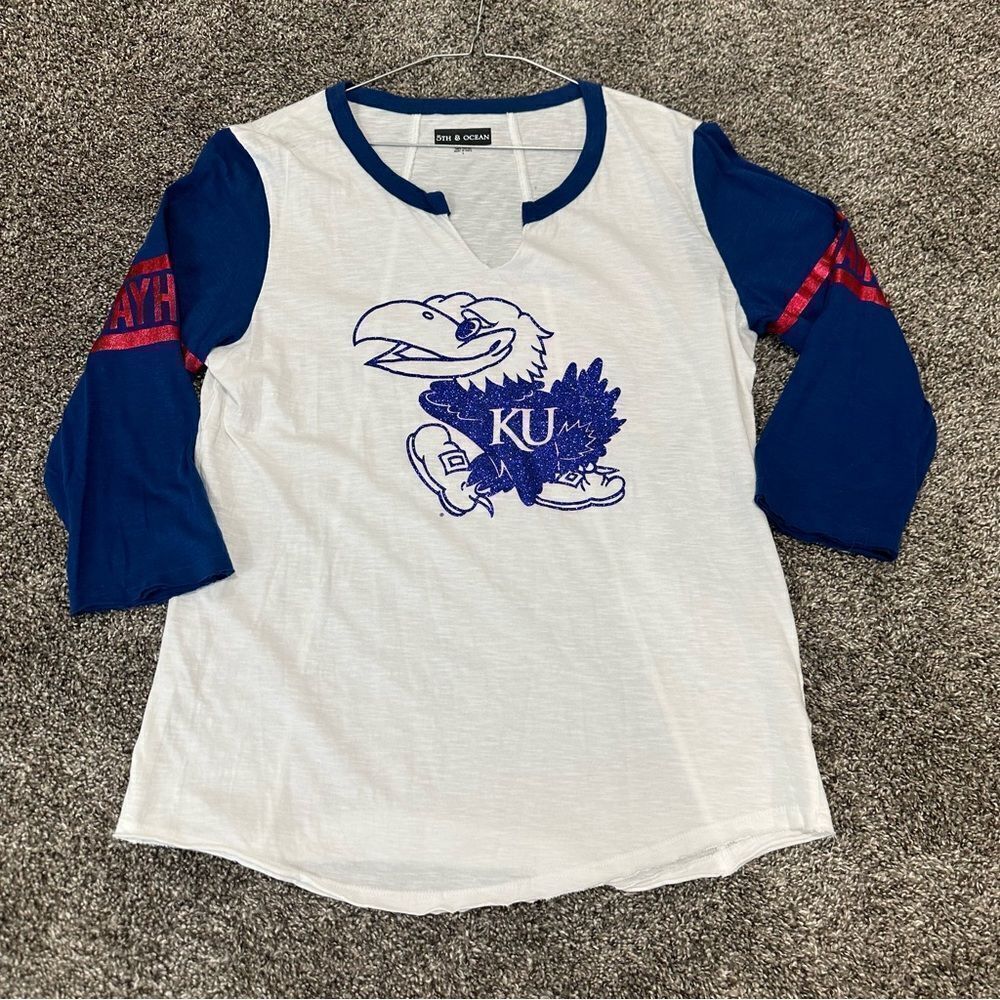 Kansas Jayhawks Women’s Glitter Bling Logo 3/4 Sleeve Raglan Raw Hem Sz Large